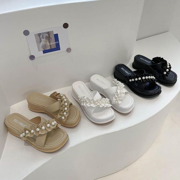 

slippers flat shoes female womens outdoor platform luxury slides string bead pantofle designer 2021 pu fashion, Black