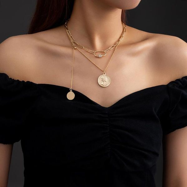 

pendant necklaces design metal portrait coin necklace gold plated multi-layered chain for women's party birthday gift, Silver