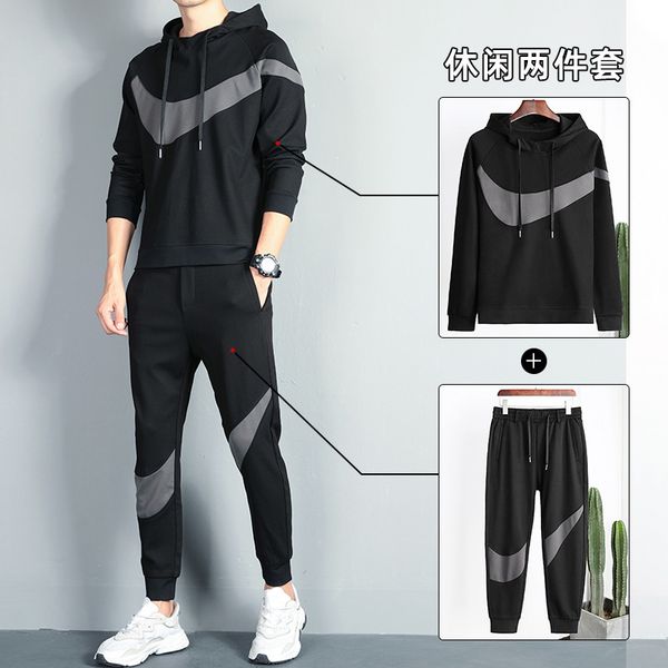 

long sve color matching sweater spring and autumn 2021 new hooded fashion men's sportswear set, Black