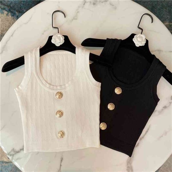 

square collar slim knitted white tank women buttons decoration elastic black crop summer arrival 210705
