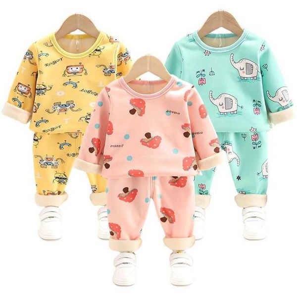 

autumn winter plus velvet children clothing sets for baby 0-4 years cotton thicken cartoon boys girls keep warm pajamas suit g1023, White