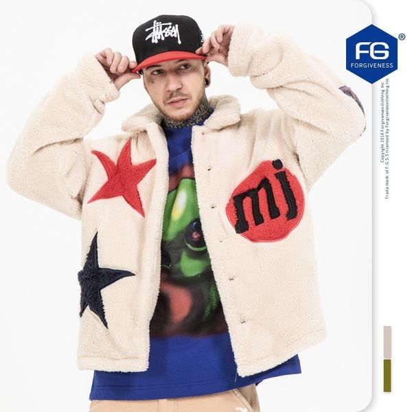 

fg menswear | 2020 autumn winter tide brand star lapel contrast color new fleece couple jacket men, Black