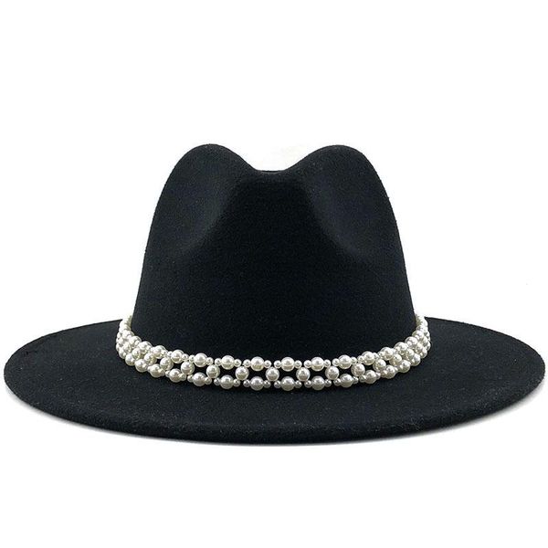 

fedora hat women fall hats for dress luxury pearl chain woolen ladies jazz flat brim vintage wide, Blue;gray