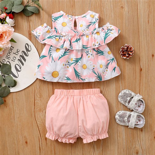 

0-24m newborn kids girl summer clothes set ruffle off shoulder shirt floral shorts suit girls pink outfits, White