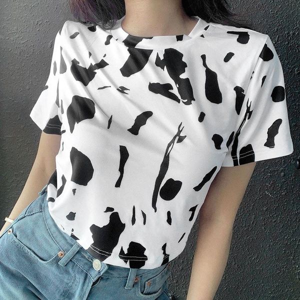 

women's t-shirt summer korean t shirt cow print vintage streetwear harajuku women short-sleeve female casual crop tee, White