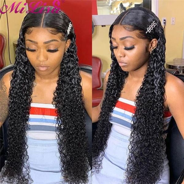 

lace wigs curly human hair wig brazilian remy mi lisa 13x1 t part hd transparent frontal 30 inch deep wave, Black;brown