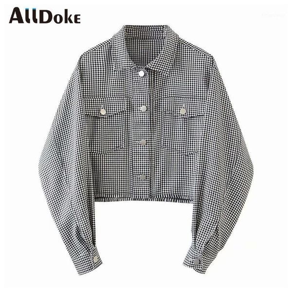 

alldoke spring summer houndstooth short jacket woman turn-down collar batwing sleeve single breasted high waist jackets coats women's, Black;brown