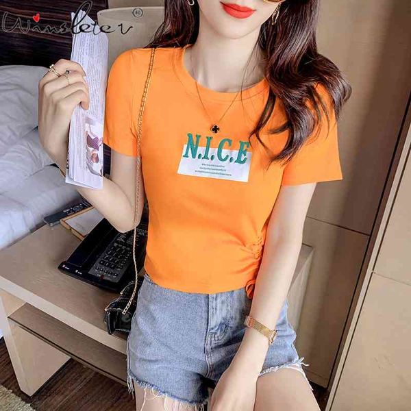 

women's t-shirt summer european style cotton short fashion solid embroidery letter women lace up casual all match tees t15908, White