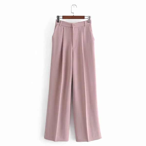 

women elegant fashion pink high waist straight pants vintage zipper fly side pockets trousers casual pantalones 210520, Blue