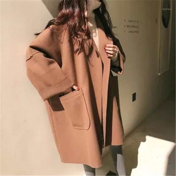 

women's wool & blends [ewq] fashion korea chic autumn winter women's lapel tweed medium long loose black woolen pockets coat female