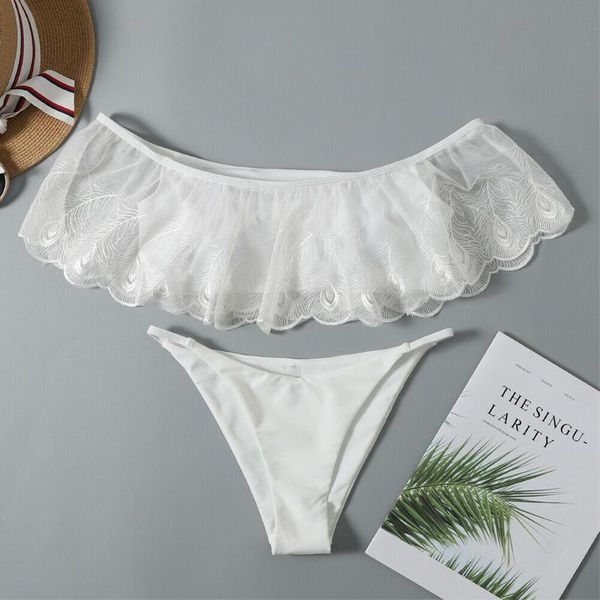 

women bikini set mujer ruffle white lace print swimsuit push up high waist biquinis brazilian swimwear summer one-piece suits
