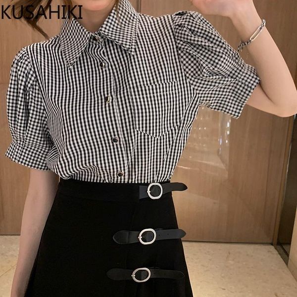 

women's blouses & shirts kusahiki puff sleeve vintage plaid women 2021 summer thin turn-down collar korean blusas de mujer 6h935, White