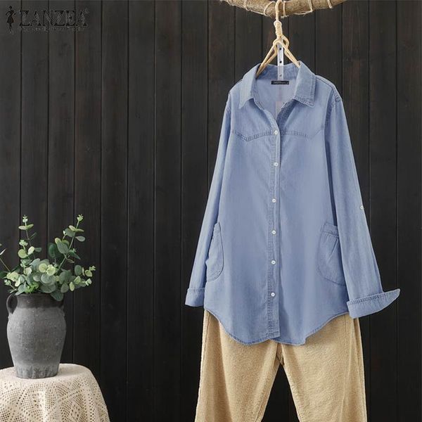 

blouses elegant women's denim blue blouse 2021 spring retro shirts casual long sleeve o-neck pockets blusa oversized 5xl, White