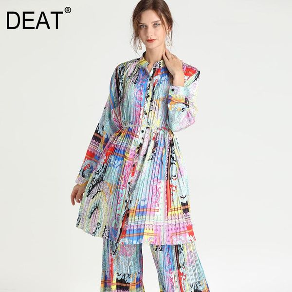 

women's two piece pants deat suit woman hit color print silkly full sleeve shirts + elastic waist wide leg pleated 2021 summer fashion, White