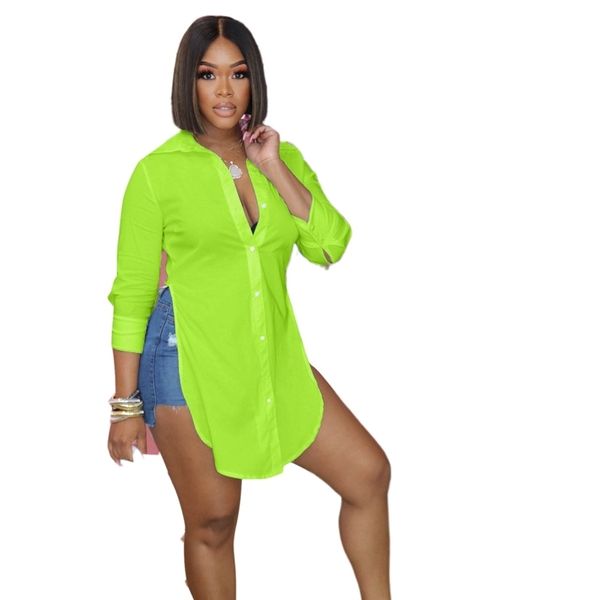 

women shirts blouses plus size basic fashion solid color long sleeve side slit single-breasted office lady loose street 210525, White