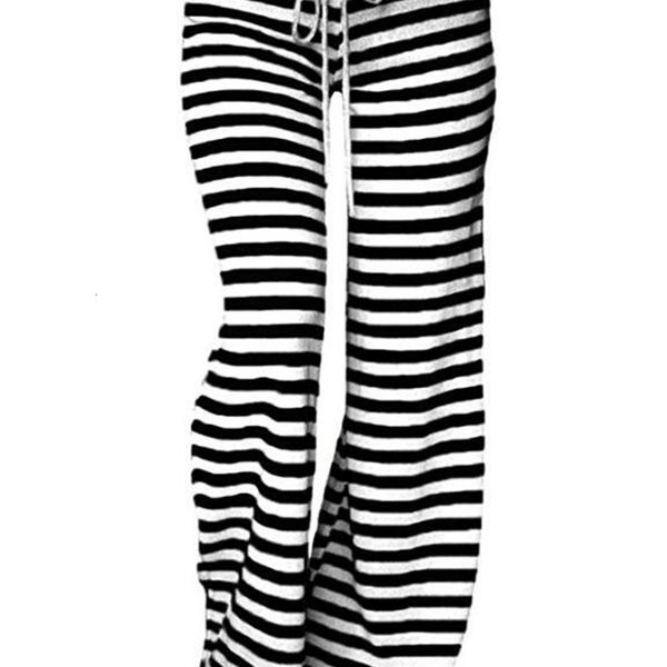 

au36 fashion women long pants striped prints drawstring loose wide leg trousers causal yoga sportwear 6qyy, Black;white