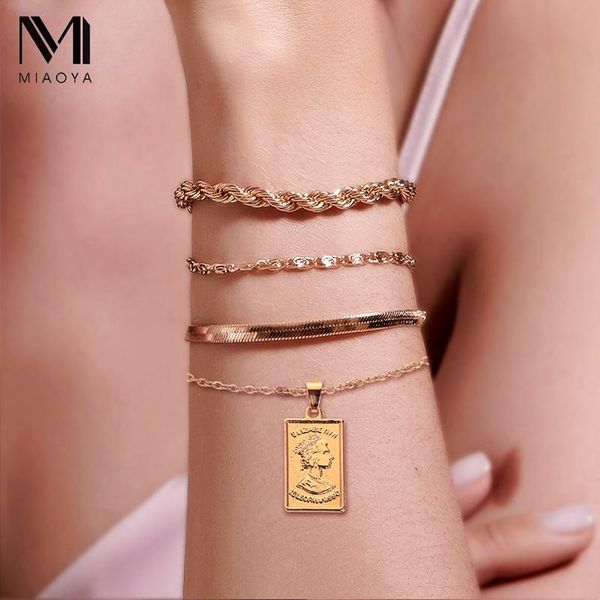 

link, chain 4pcs/set fashion bracelet twist square portrait pendant women's hand accessories wedding party gifts, Black