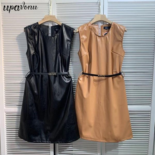 

casual dresses 2021 summer women's black pu dress o neck sleeveless belt a line celebrity elegant party vestidos, Black;gray