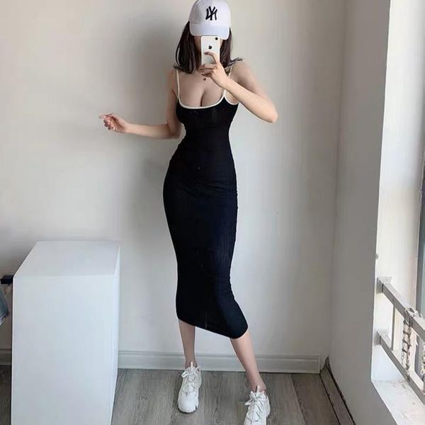

summer sling dress hit color edging solid stretch bag hip pencil fashion ins casual dresses, Black;gray