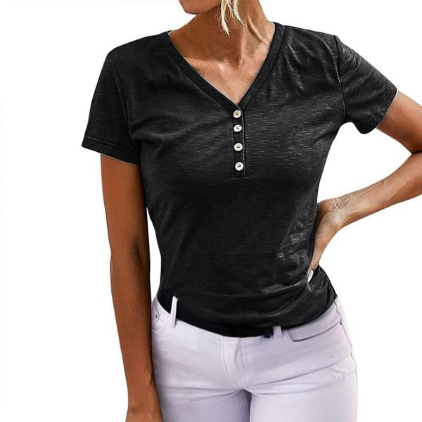 

women's t-shirt summer v-neck slim solid color button casual sports short sleeve simple style black lady wear, White