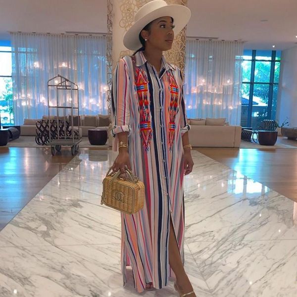 

casual dresses long sleeve beach maxi for women turn down collar shirt dress fasion colors stripe print split bohemian, Black;gray