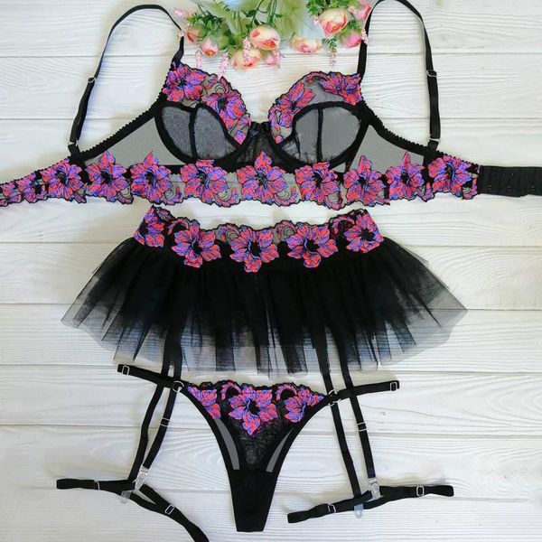 

bras sets flower embroidery applique lingerie set women exotic underwear transparent sheer mesh bra thong garter 3pcs nightwear, Red;black