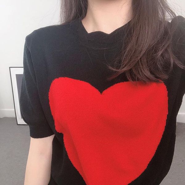 

women's t-shirt saythen 2021 summer style thin round neck red love jacquard short-sleeved women ice silk knit sweater top, White