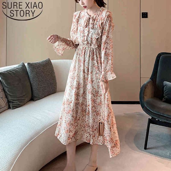 Robe Femme Primavera Print Manga Longa Vestido Bow Flare A-Linha Chiffon Mulheres Elegantes Empire ES 8549 50 210508