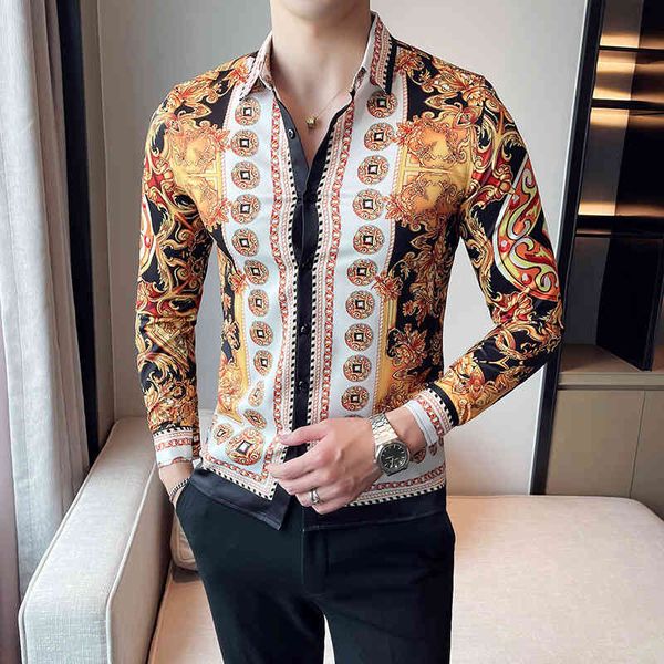 

men's casual shirts gold printed shirt, casual flower long sleeve, tight fitting, luxury, social club clothing, british style, White;black