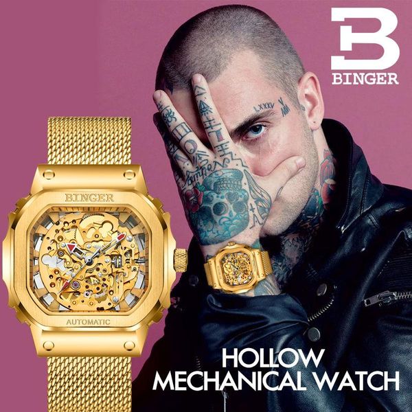 

wristwatches switzerland brand binger miyota 8n24 movement automatic mechanical watch men gold skeleton watches mens reloj hombre 10008, Slivery;brown