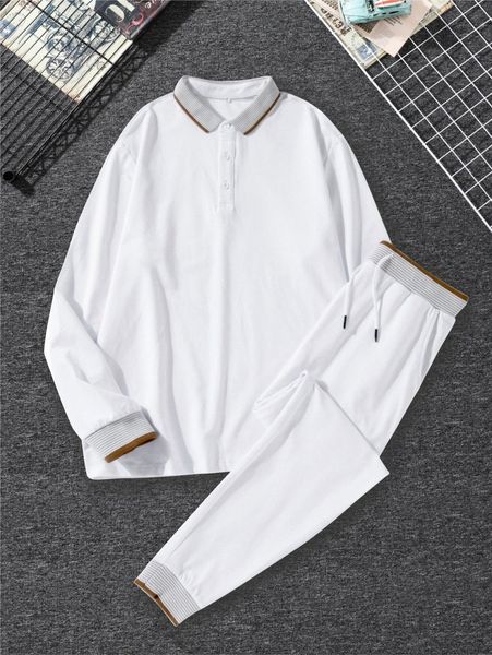 

men polo collar pullover & drawstring waist sweatpants l5zb#, Gray