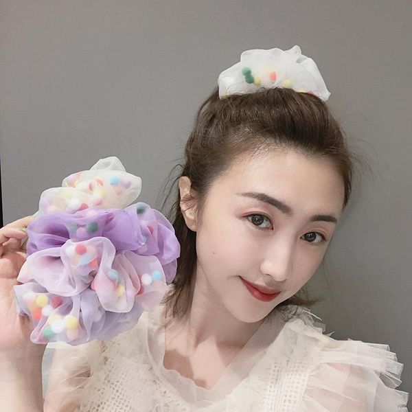 

korean ins net yarn colorful hairball hair ring large intestine women girls accessories headwear rubber band wholesale