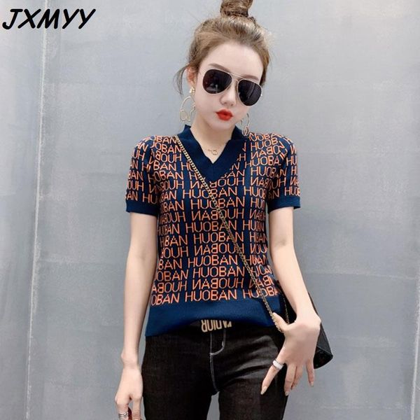 

women's t-shirt european station spring 2021 style sweater short-sleeved female v-neck slim foreign base, White