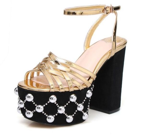 

dress shoes moraima snc peep toe platform thick heels sandal for woman summer ankle strap rivets studded high heel gold silver, Black