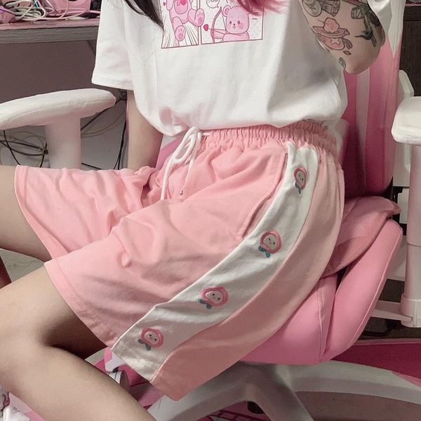 

women's pants & capris pink sweatpants women summer cute cartoon embroidery high waist straight loose y2k short harajuku for sweet girl, Black;white