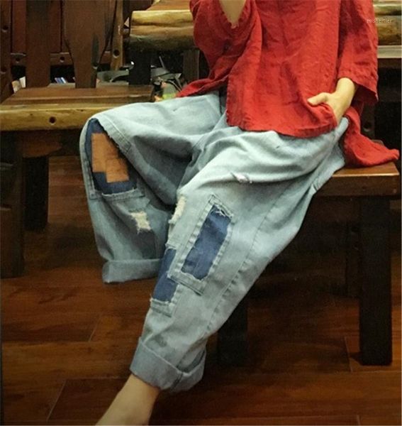 

original pure cotton washed denim off grade capris women's loose spring and autumn patching broken hole individual small foot ca pants, Black;white