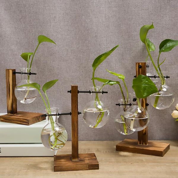 

creative terrarium hydroponic plant vases flower pot transparent vase wooden frame glass tableplants home bonsai decor planters & pots