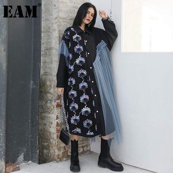 

[eam] women black flower mesh irregular big size dress new lapel long sleeve loose fit fashion spring autumn 2021 210319, Black;gray