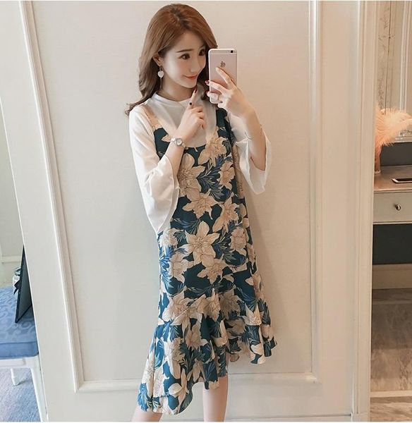 

maternity dresses summer dress fashion printed chiffon + bottoming two-piece, White