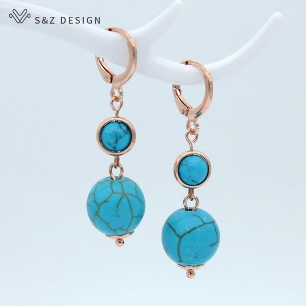 

dangle & chandelier s&z long round black agates turquoises earrings 585 rose gold unique temperament eardrop for women party jewelry gift, Silver