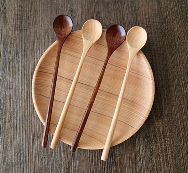 

spoons 10pcs/lot 20cm long handle round head wood coffee spoon tableware wooden honey jam scoops wholesale