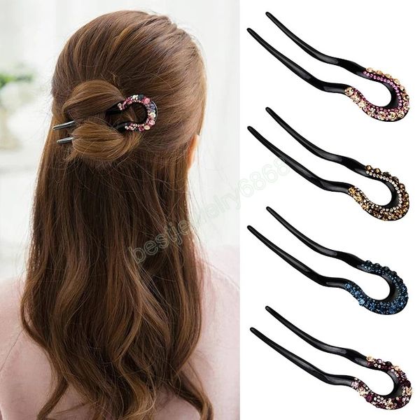 Mode U-förmige Haarnadel Kristall Haar Sticks Haarnadel Frauen Retro Einfache Klassische Chinesische Biege Clip Strass Kopfbedeckung