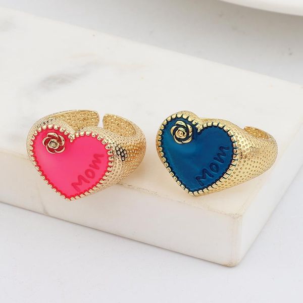 

wedding rings vintage letter mom heart opening enamel ring for women fashion korean chunky metal jewelry gift wholesale, Slivery;golden