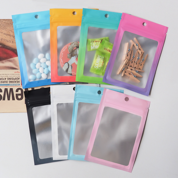 

matte colors reclosable small gift packaging bags flat pouches aluminum foil mylar ziplock bags with hanging hole 100pcs