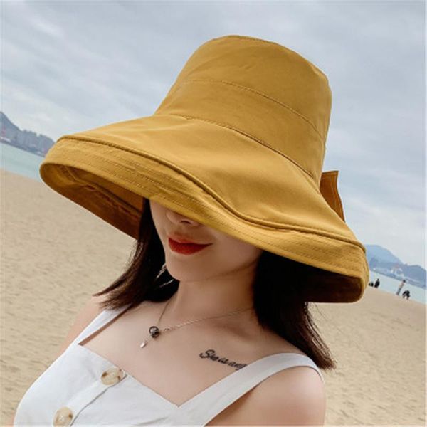 

female fisherman hat shade sunscreen black bowknot basin dome m size girl fashion beach woman cotton breathable korean wide brim hats, Blue;gray
