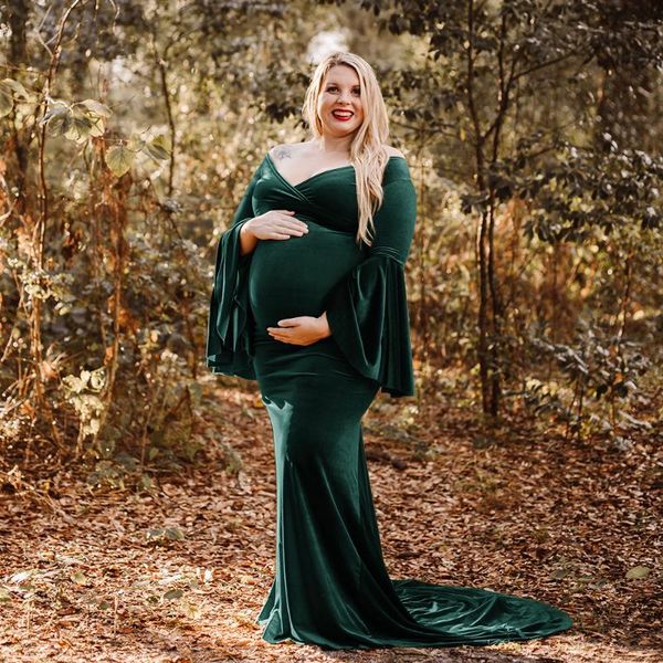 

maternity dresses winter velvet dress po shoot christmas pography prop maxi long gown fall pregnancy clothing for baby shower gift, White