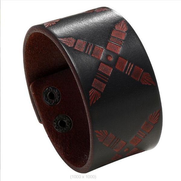 

simple creative design retro embossed pattern wide leather bracelet link chain punk men's bracelet, Black