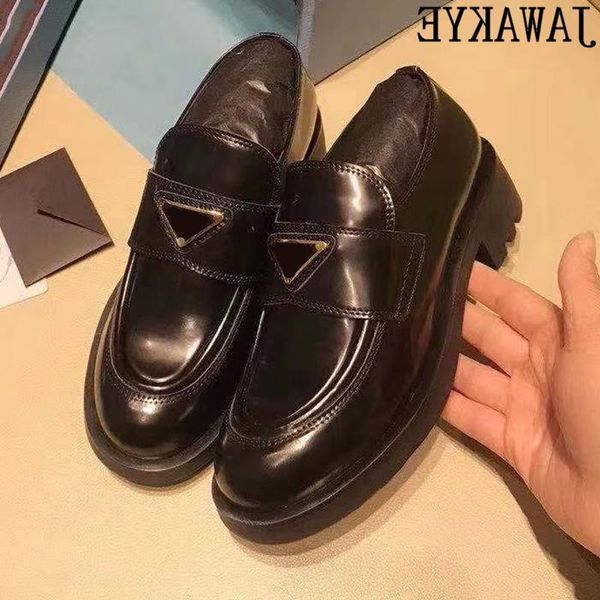 

runway thick slip 2021british women black leather casual flat shoes designer round on woman loafers toe platform luxury sole fqtbx