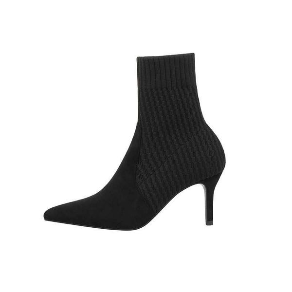 

2021 winter sock boots knitting stretch high heels for women fashion shoes female stripe autumn ankle booties y0910, Black