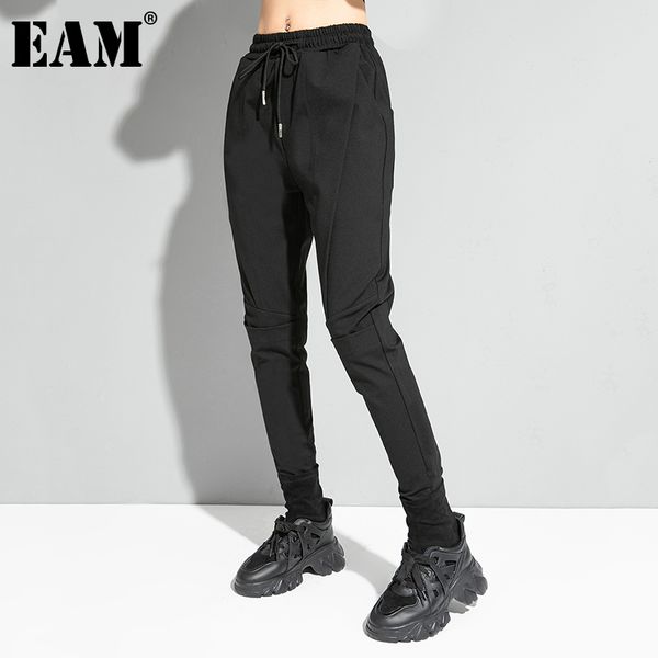 

[eam] high elastic waist black brief long harem trousers new loose fit pants women fashion tide spring autumn 1dd0435 210319, Black;white
